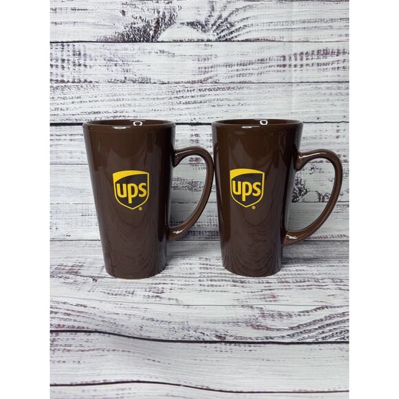UPS Tall Ceramic Coffee Mug Cup W/ Logo - United Parcel Service BROWN SET (2) - Picture 1 of 8